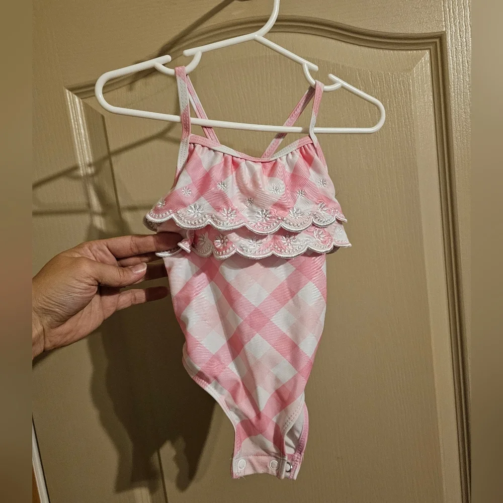 Crown & Ivy Baby 12mo Swim Suit That Has Snaps For Diaper Changes Pink And White